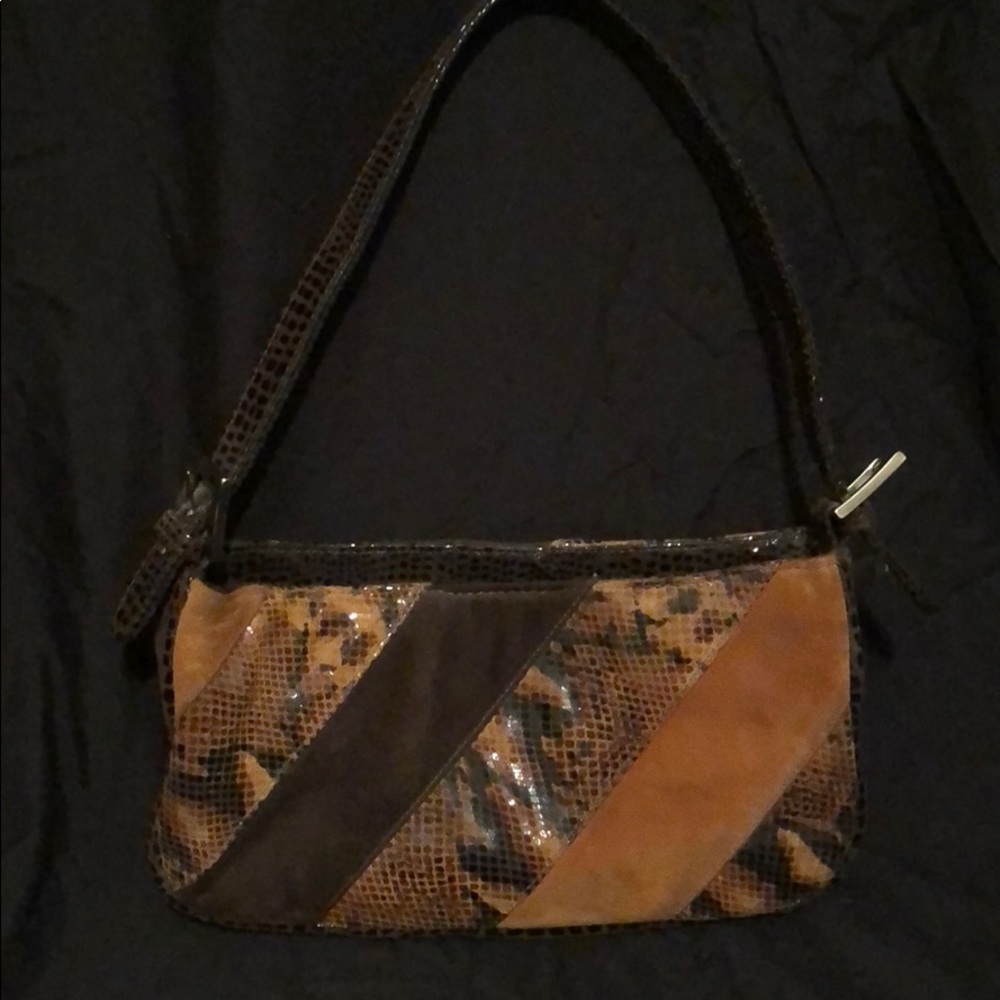 Brown Suede Snakeskin Print Shoulder Bag